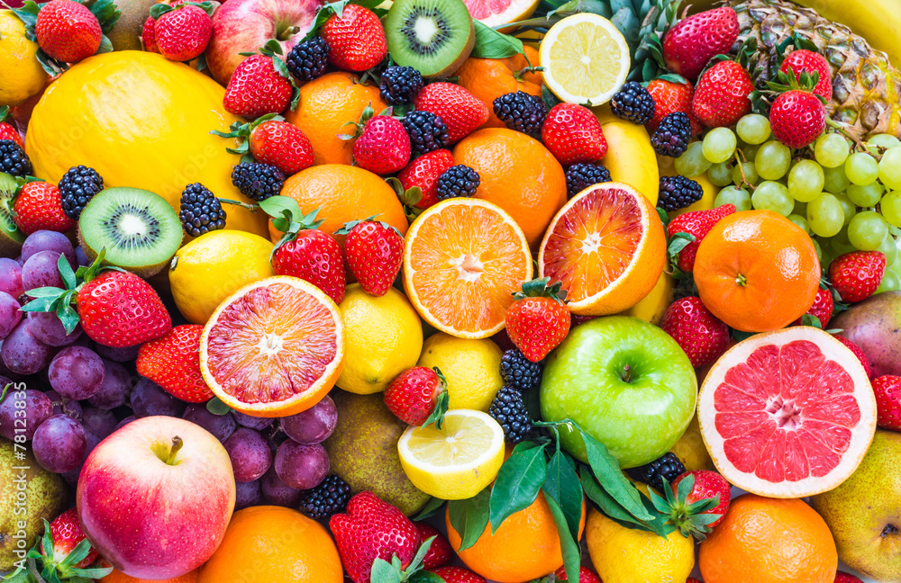 Mixed fruits.Fruits background.Healthy eating, dieting. - obrazy, fototapety, plakaty 