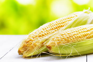 Two corn cobs on a garden table