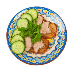 Homemade sandwiches with fried meat on toast with parsley and cu