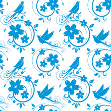 Blue Birds And Blossoms Seamless Pattern