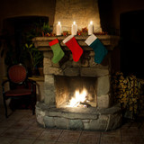 Fototapeta Desenie - Christmas stocking on fireplace background.