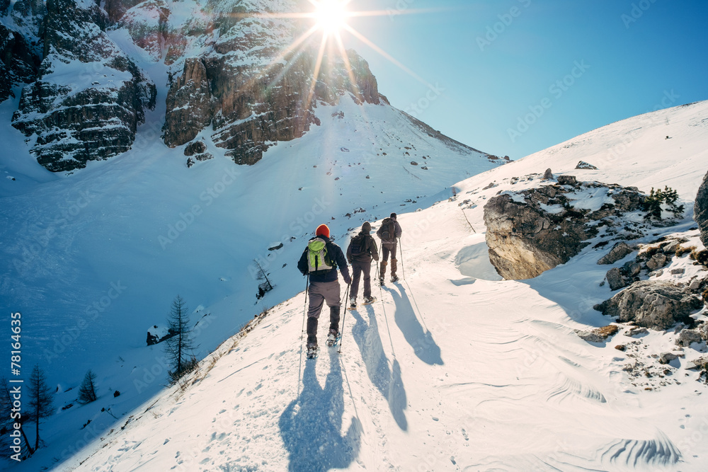 Dolomiti - hikers with snowshoes - obrazy, fototapety, plakaty 