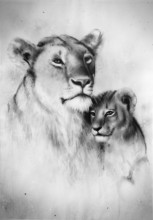 Beautiful Airbrush Painting Of A Loving Lion Mother And Her Baby