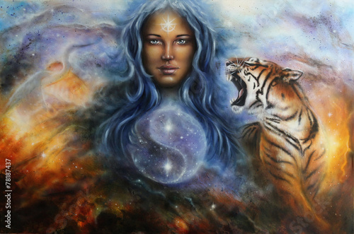 guarding a sacred balance with a flying heron and a roaring tige Tableau sur Toile