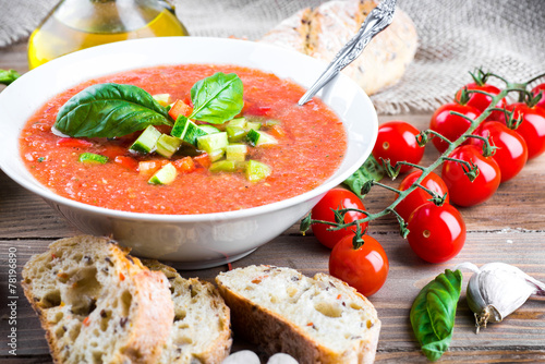 Fototapeta na wymiar Tomato gazpacho soup with pepper and garlic, Spanish cuisine