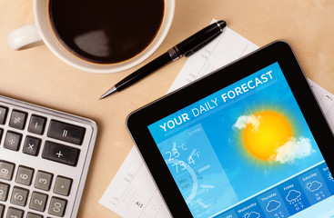 Wall Mural - tablet pc showing weather forecast on screen with a cup of coffe