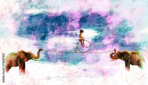 dwa-slonie-i-dziecko-przejezdzajace-rowerem-po-linie-fantastyczna-ilustracja-cyrk