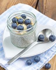 vanilla chia seed pudding with blueberries and almonds