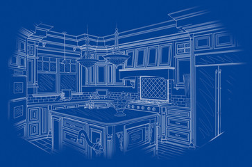 White Custom Kitchen Design Drawing on Blue