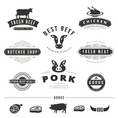 Grill BBQ Cow PIG Retro Vintage Labels Logo design vector