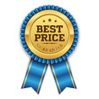 Gold best price badge with blue ribbon on white background