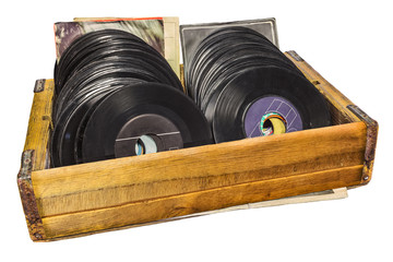 Wall Mural - Retro styled image of a wooden box with vinyl lp records