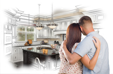 Young Military Couple Inside Custom Kitchen and Design Drawing C