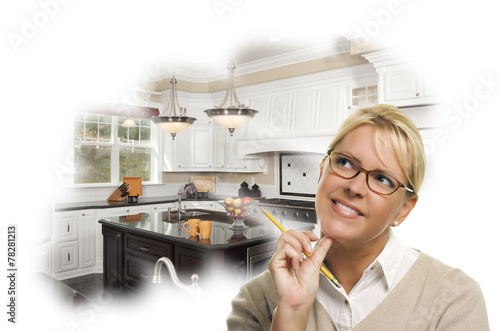 Fotografie, Obraz Daydreaming Woman With Pencil Over Custom Kitchen Photo Thought