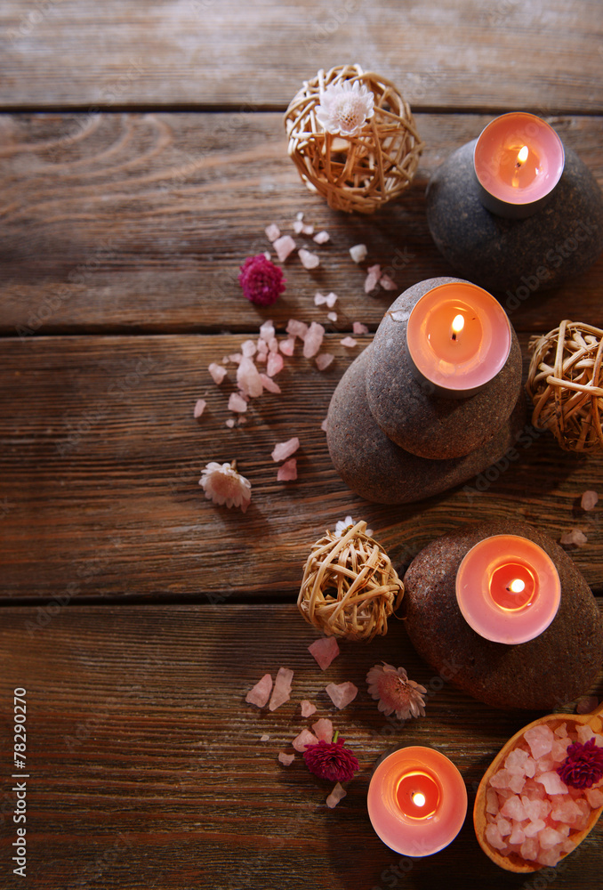 Composition of spa treatment on wooden background