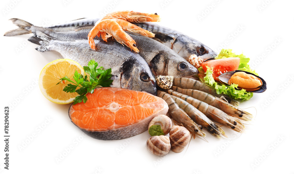 Fresh fish and other seafood isolated on white - obrazy, fototapety, plakaty 