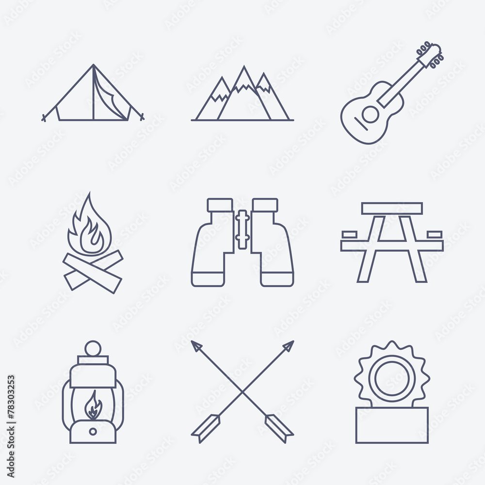 Outline stroke Camping icons. Stock Vector | Adobe Stock