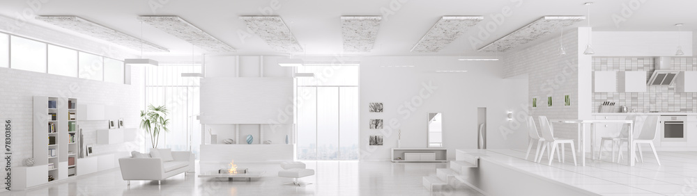 Interior of modern white apartment panorama 3d render - obrazy, fototapety, plakaty 