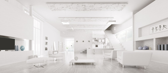 Interior of modern white apartment panorama