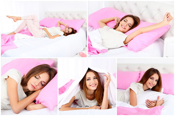 Wall Mural - Collage of photos with young beautiful woman sleeping in bed