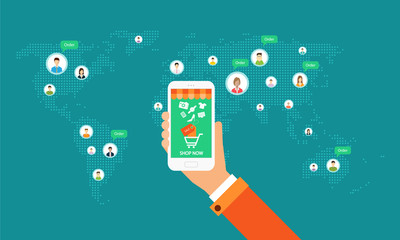 Wall Mural - global business shopping on line on mobile device