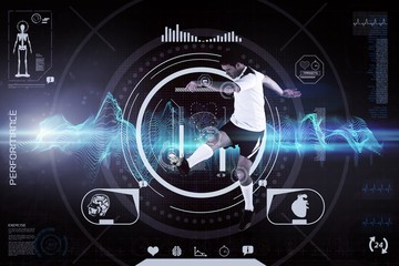 Fototapete - Composite image of football player in white kicking