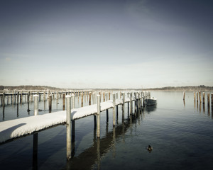 Wall Mural - jetty on lake chiemsee, snow (186)