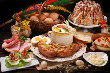 easter traditional dishes on rural wooden table