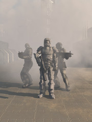 future space marines advancing from the mist