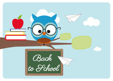Back To School, Owl With Glasses, Books And Red Apple