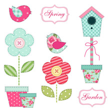 Cute Retro Spring And Garden Elements As Fabric Patch Applique 2