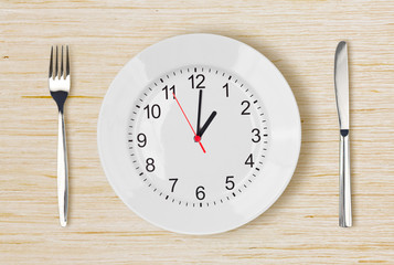 Dinner plate with clock face on wooden table