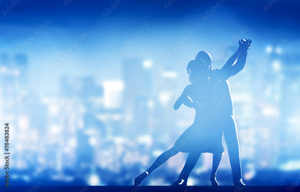 Romantic couple dance. Elegant classic pose. City nightlife - obrazy, fototapety, plakaty 
