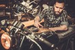 © Nejron Photo - Mechanic with cafe-racer motorcycle  in custom garage