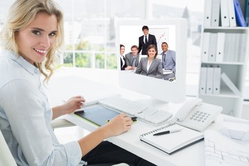 Sticker - Composite image of happy business group having a meeting