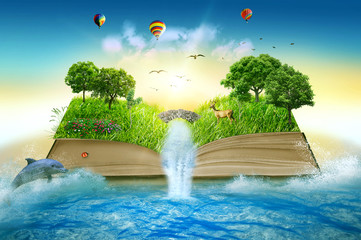 Illustration magic opened book covered grass trees waterfall