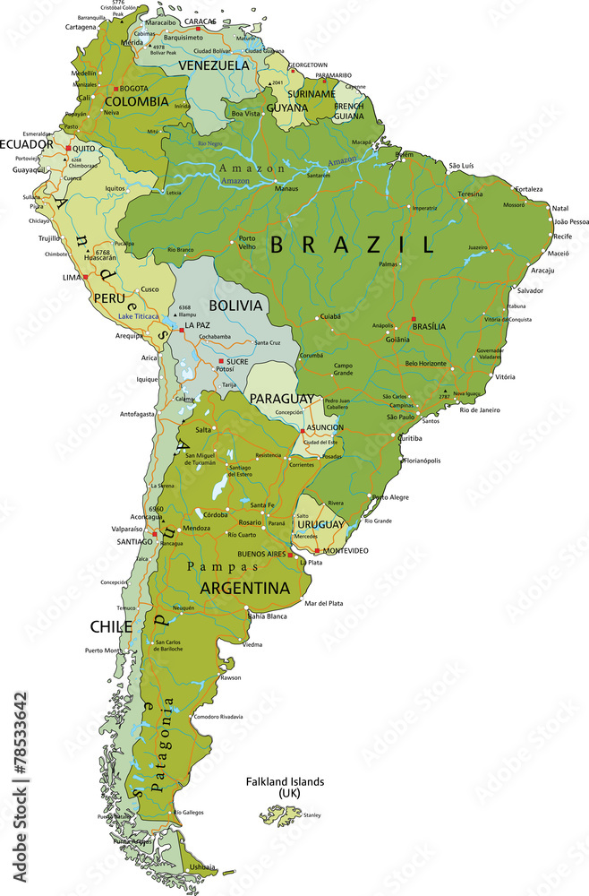 Highly detailed editable political map. South America. Stock Vector