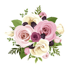 Pink And White Roses And Lisianthus Flowers. Vector Illustration