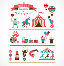 Vintage Huge Circus Collection With Carnival, Fun Fair, Vector
