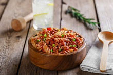 Pasta Fusilli With Minced Meat And Tomato Sauce