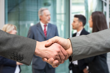 Wall Mural - Business handshake. People talking in the background