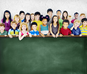 Wall Mural - Multi-Ethnic Group of Children Empty Billboard Concept