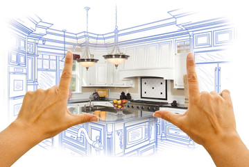 Wall Mural - Hands Framing Custom Kitchen Design Drawing and Photo Combinatio