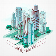 Canvas Print - Isometric Sketch City Colored