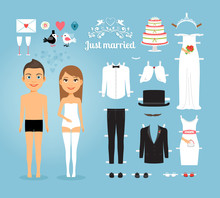 Just Married Paper Dolls With Set Of Wedding Stuff