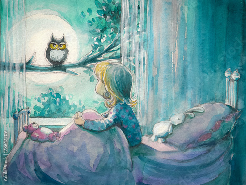 Naklejka na szybę Girl in her bed looking at owl on a tree.Watercolors