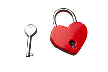 Heart Shaped Closed Lock With Key, Isolated On White