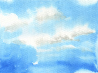 Hand made artwork of clear sky with white clouds.