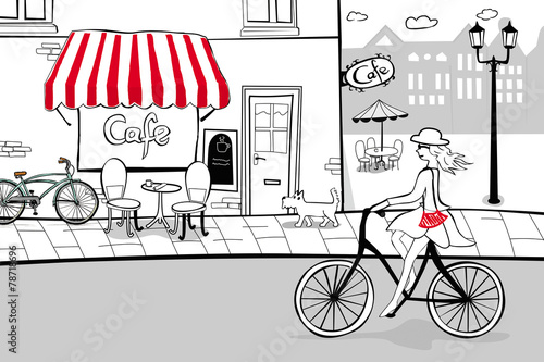 francuska-kawiarnia-oraz-kobieta-przejezdzajaca-na-rowerze-grafika-wektorowa