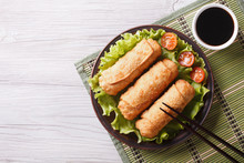 Fried Spring Rolls On A Plate With Salad, Horizontal Top View